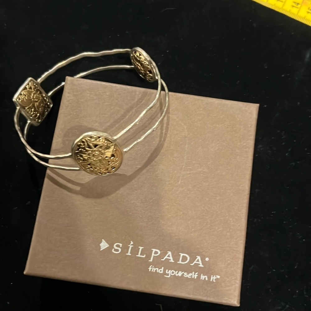 Silpada Vintage sterling, silver, and gold/bronze etched double band bracelet.